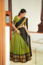 Green Kanjivaram Silk Lehenga Choli with Zari Weaving and Georgette Dupatta blouse and dupatta detail