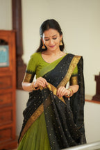 Green Kanjivaram Silk Lehenga Choli with Zari Weaving and Georgette Dupatta embroidery close-up