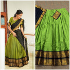 Green Kanjivaram Silk Lehenga Choli with Zari Weaving and Georgette Dupatta fabric texture detail