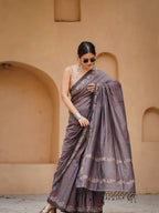 Grey Satin Saree for women - full front view | Snyvia