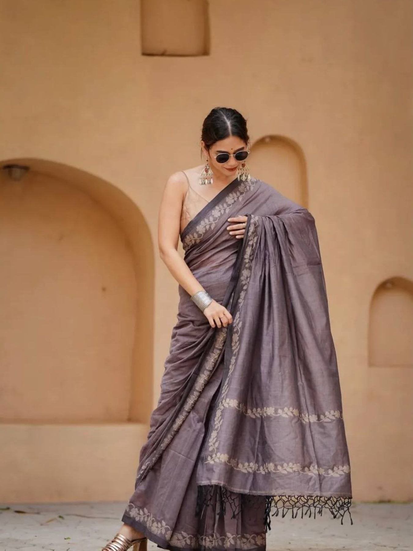 Grey Satin Saree for women - full front view | Snyvia