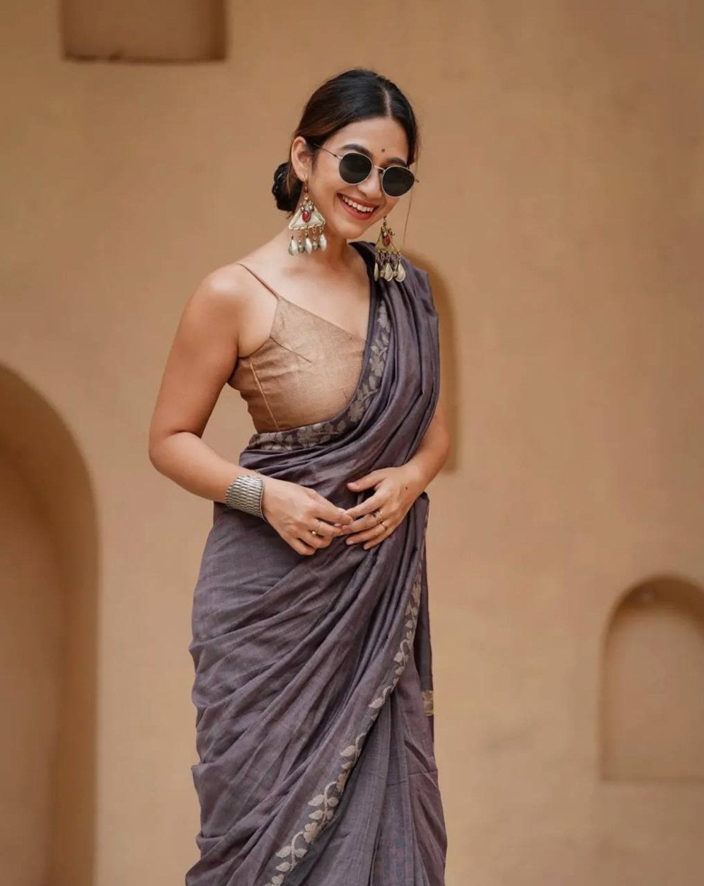 Grey Satin Saree - side drape view