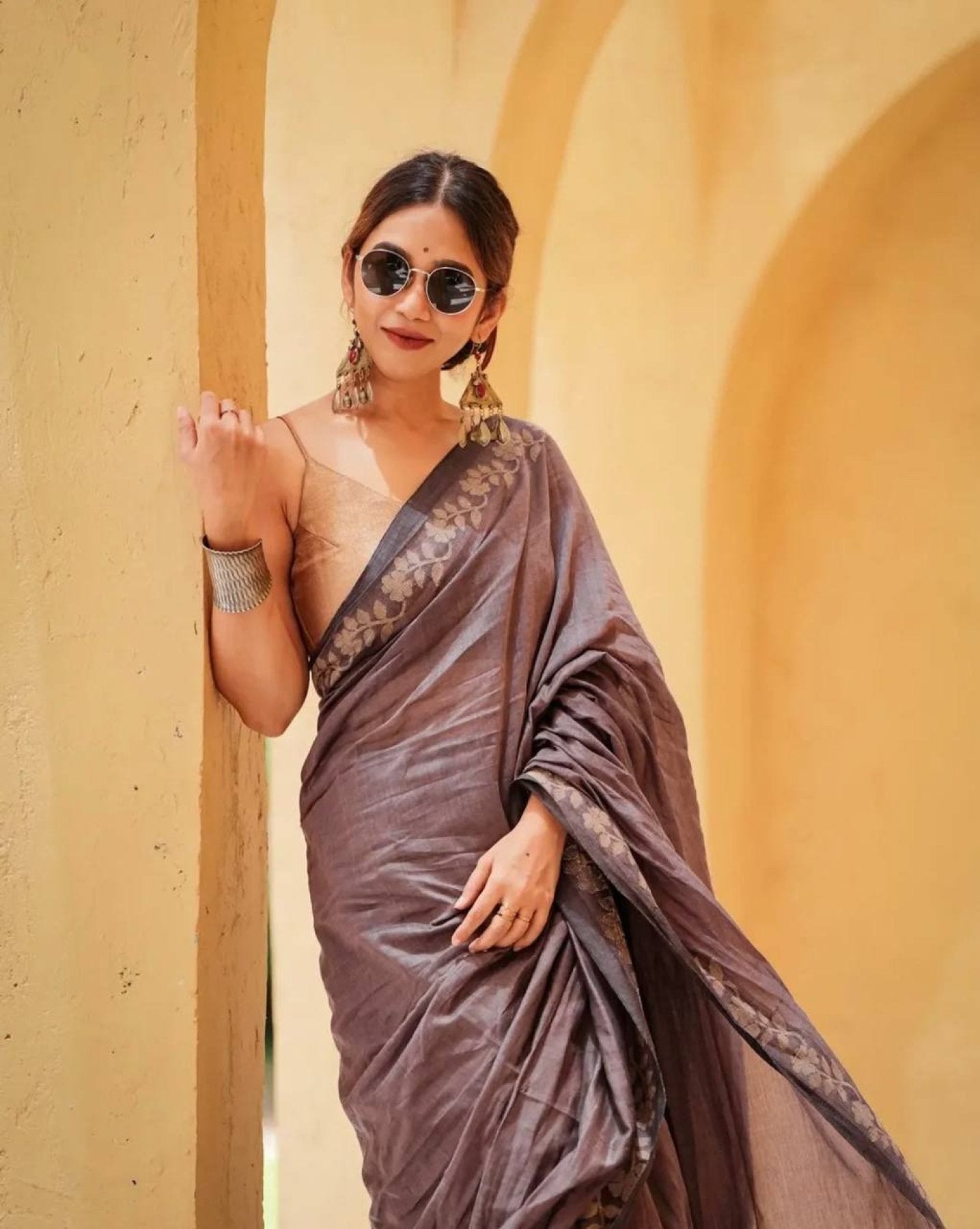 Grey Satin Saree - blouse and border close-up