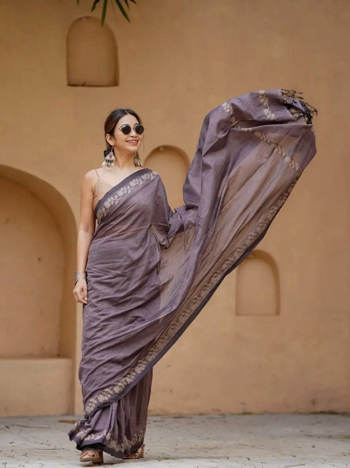 Grey Satin Saree - fabric texture close-up