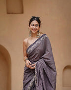 Grey Satin Saree - Printed pallu design detail