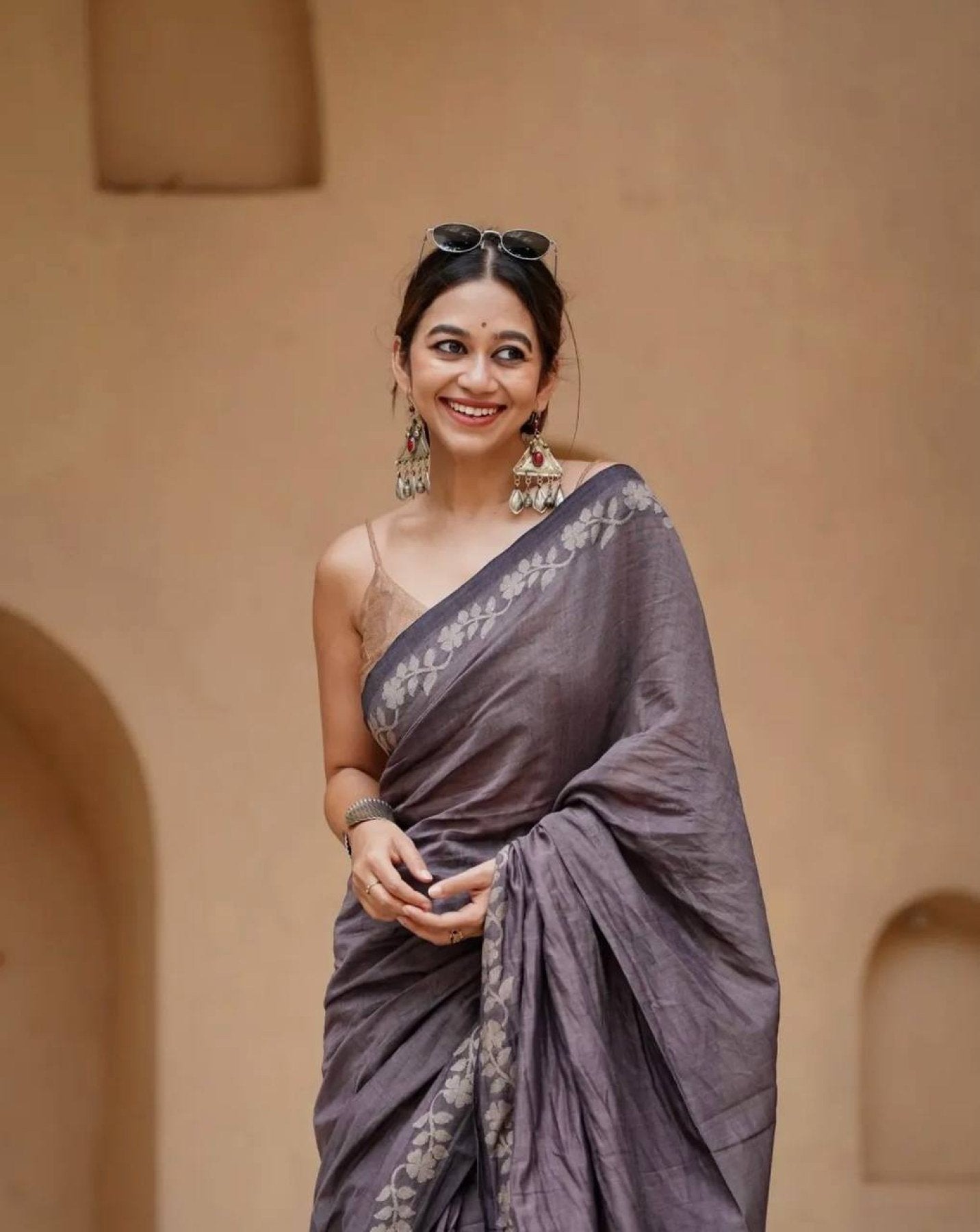Grey Satin Saree - Printed pallu design detail