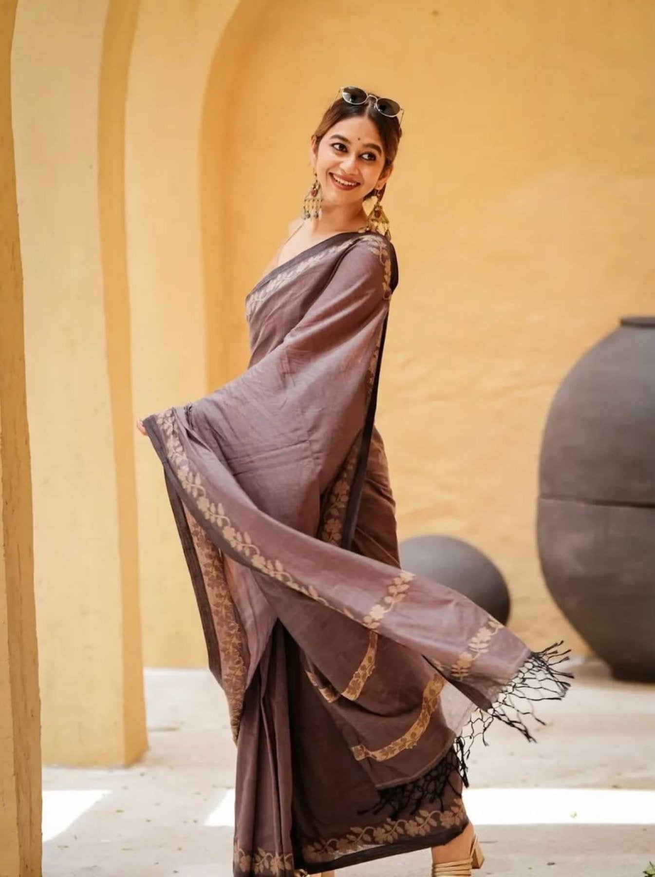 Grey Satin Saree - Printed back view