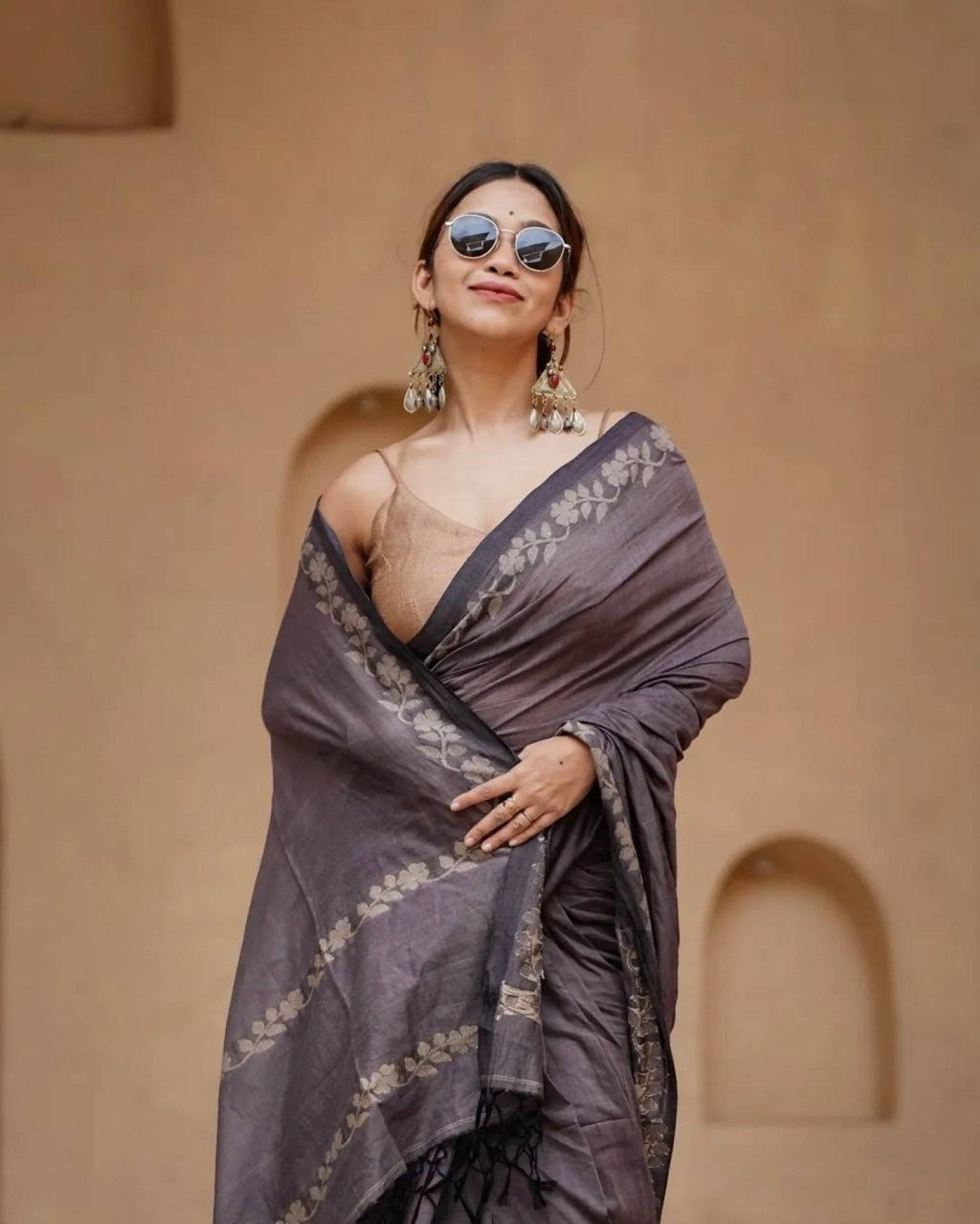 Grey Satin Saree - styling and accessories view