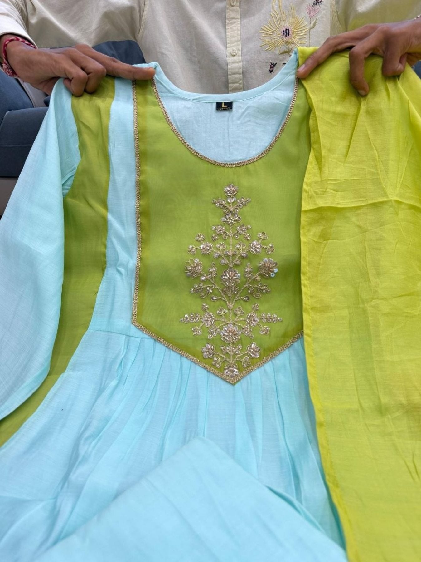 Mul Chanderi Kurta Pant Set with Banarasi Lagadi Dupatta full set view