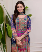 Blue Chinon Suit with Stone Mirror Work Kurta Pant Dupatta Set full set view
