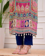Blue Chinon Suit with Stone Mirror Work Kurta Pant Dupatta Set detailed view