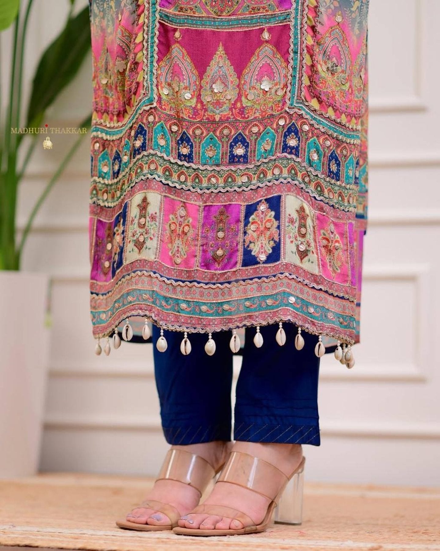 Blue Chinon Suit with Stone Mirror Work Kurta Pant Dupatta Set detailed view