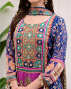 Blue Chinon Suit with Stone Mirror Work Kurta Pant Dupatta Set embroidery close-up