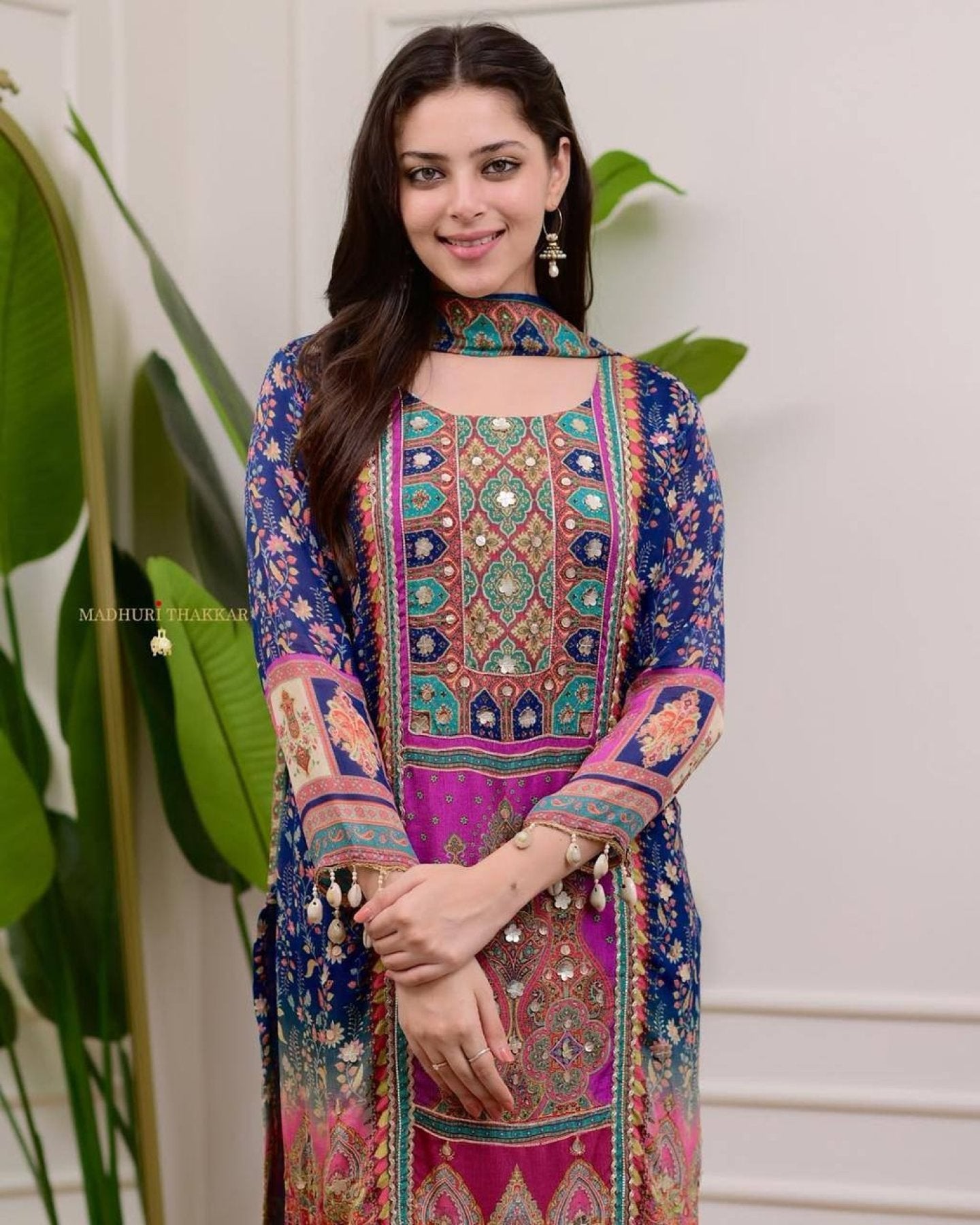 Blue Chinon Suit with Stone Mirror Work Kurta Pant Dupatta Set fabric texture detail