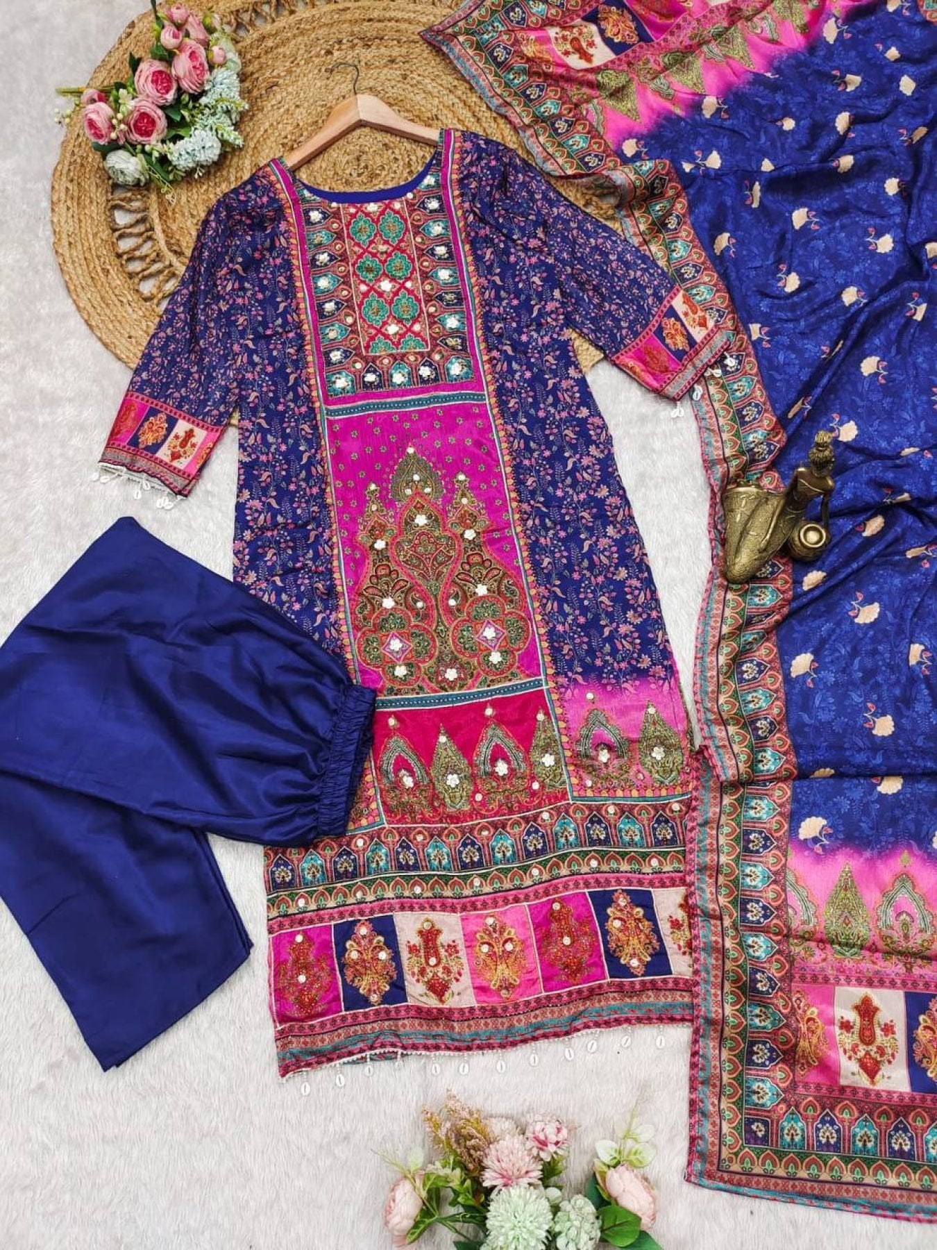 Blue Chinon Suit with Stone Mirror Work Kurta Pant Dupatta Set styling view