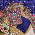 Blue Chinon Suit with Stone Mirror Work Kurta Pant Dupatta Set detailed view