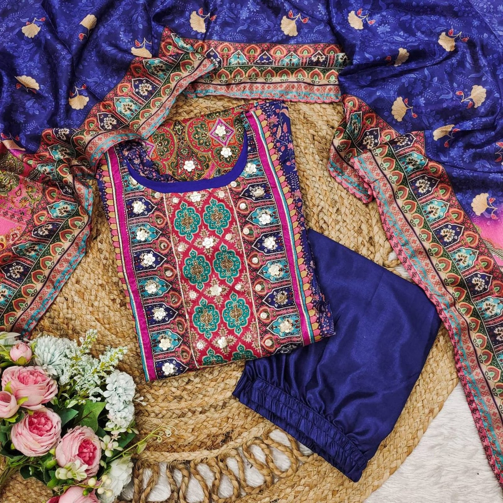 Blue Chinon Suit with Stone Mirror Work Kurta Pant Dupatta Set detailed view