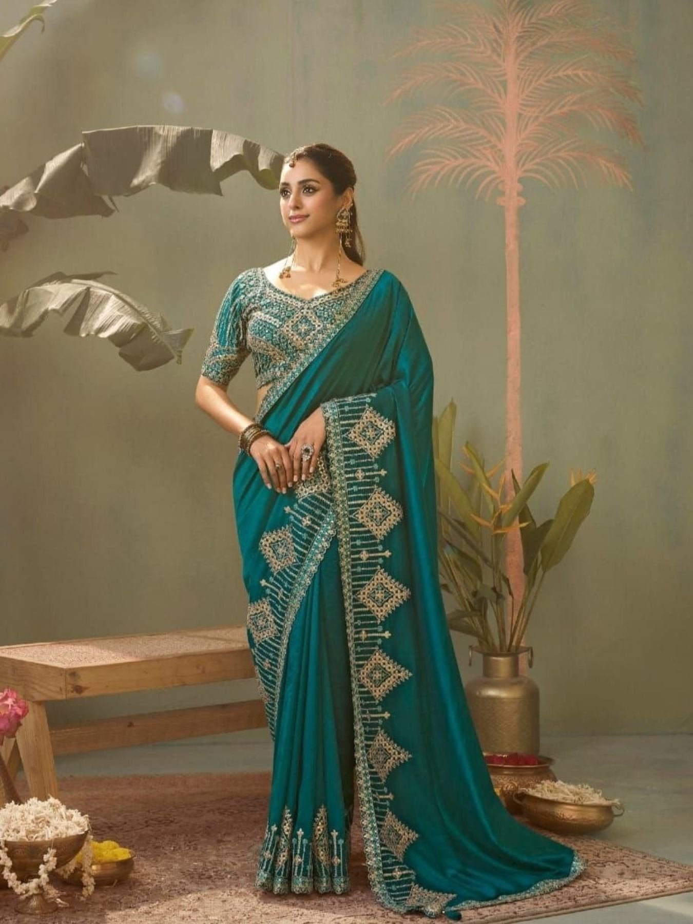 Teal Silk Saree for women - full front view | Snyvia