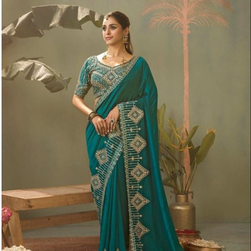 Teal Silk Saree - drape and pallu detail