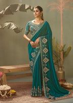 Teal Silk Saree - blouse and border close-up