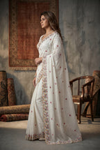 White Silk Saree - side drape view