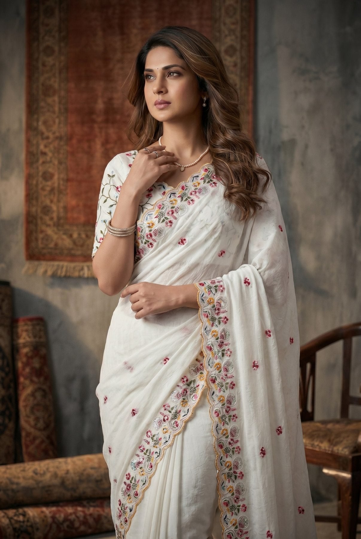 White Silk Saree - fabric texture close-up