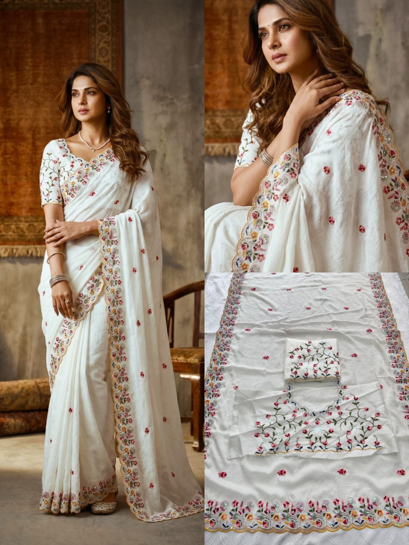 White Silk Saree - embroidery work detail