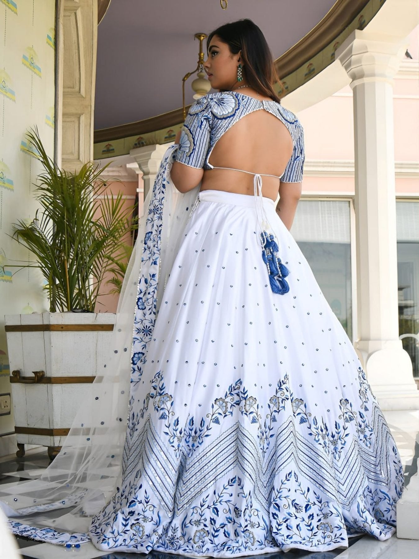 Blue Satin Lehenga with Embroidered Net Dupatta embroidery close-up