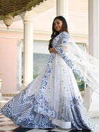 Blue Satin Lehenga with Embroidered Net Dupatta fabric texture detail