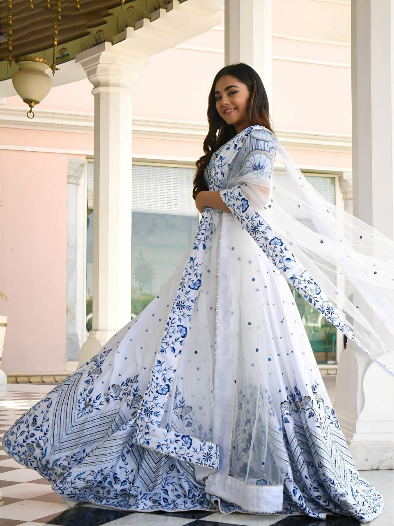 Blue Satin Lehenga with Embroidered Net Dupatta fabric texture detail