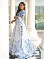 Blue Satin Lehenga with Embroidered Net Dupatta back view