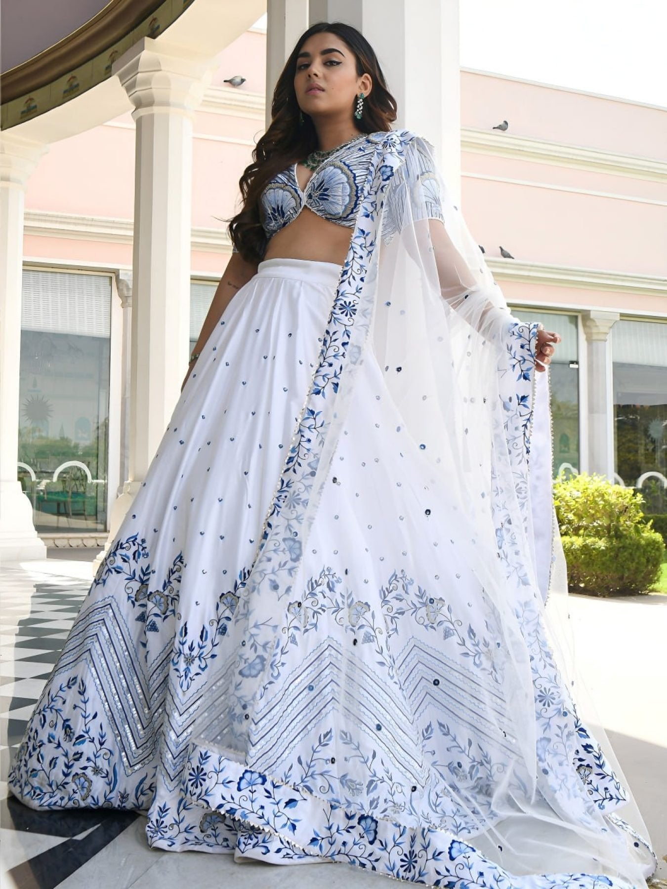 Blue Satin Lehenga with Embroidered Net Dupatta colour variant view