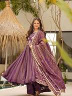 Wine Shimmer Gown Set with Heavy Embroidery Lace Border Dupatta for women | Snyvia