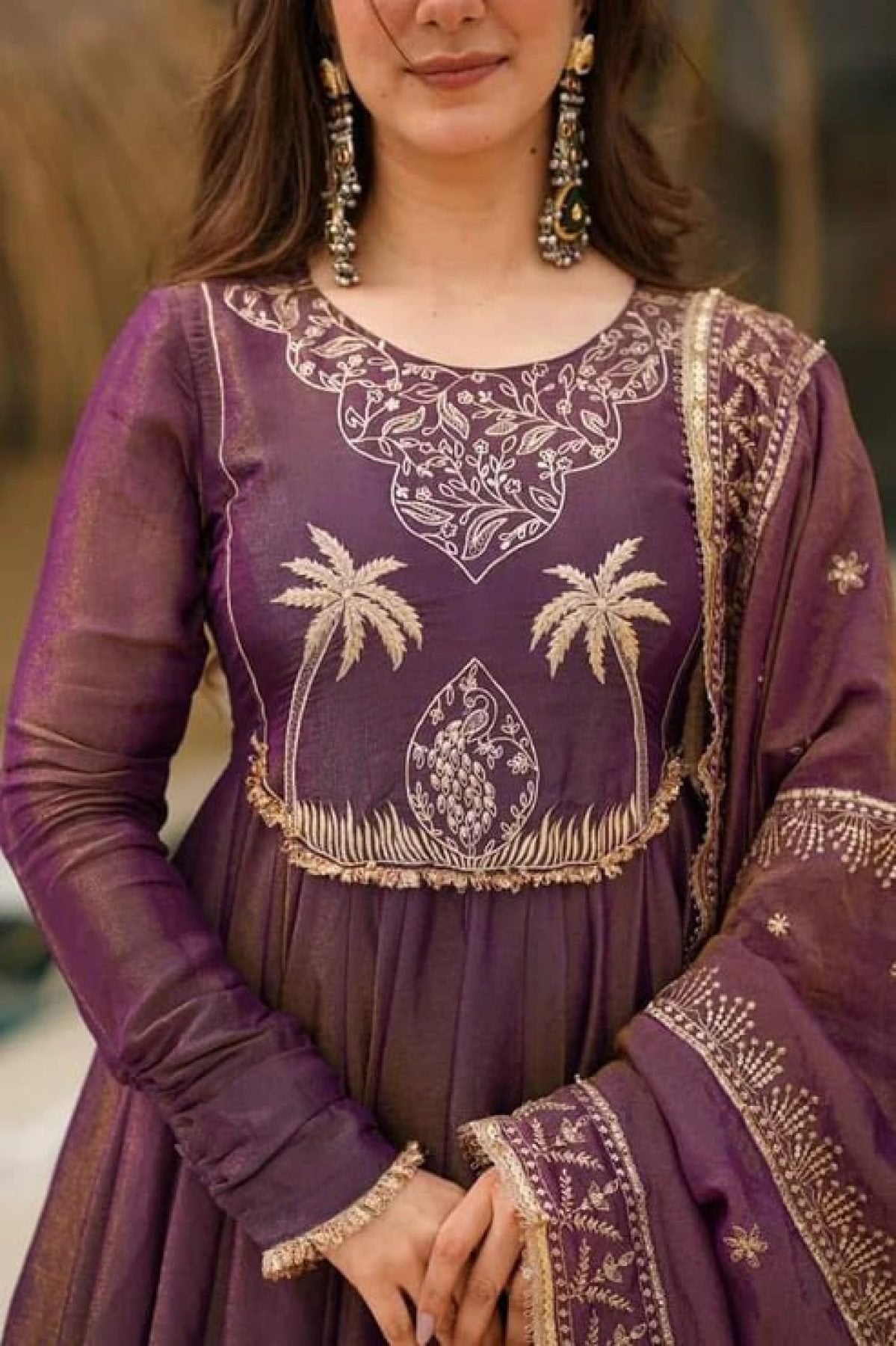 Wine Shimmer Gown Set with Heavy Embroidery Lace Border Dupatta full set view