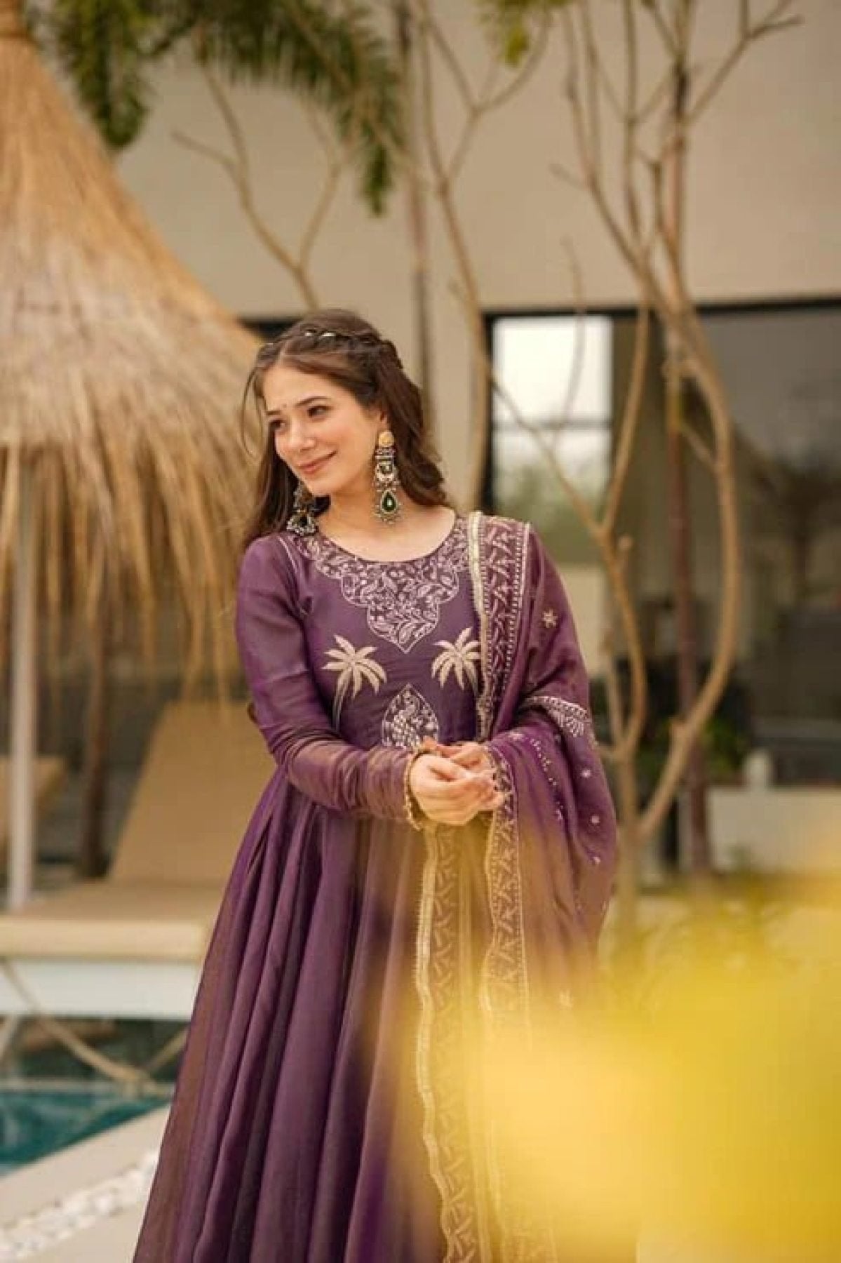 Wine Shimmer Gown Set with Heavy Embroidery Lace Border Dupatta detailed view