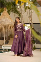 Wine Shimmer Gown Set with Heavy Embroidery Lace Border Dupatta detailed view