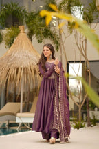 Wine Shimmer Gown Set with Heavy Embroidery Lace Border Dupatta fabric texture detail