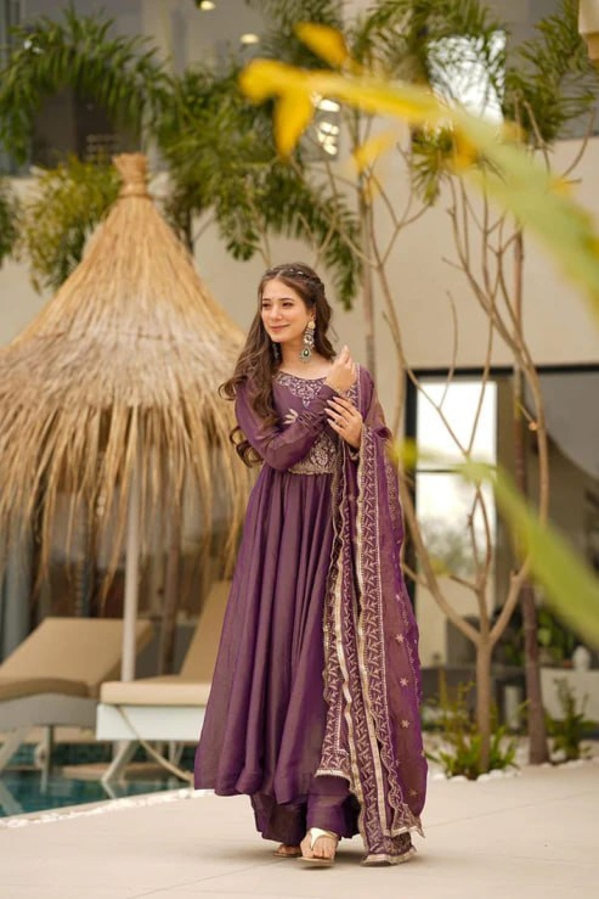 Wine Shimmer Gown Set with Heavy Embroidery Lace Border Dupatta fabric texture detail