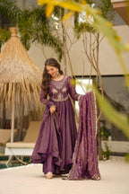 Wine Shimmer Gown Set with Heavy Embroidery Lace Border Dupatta back view