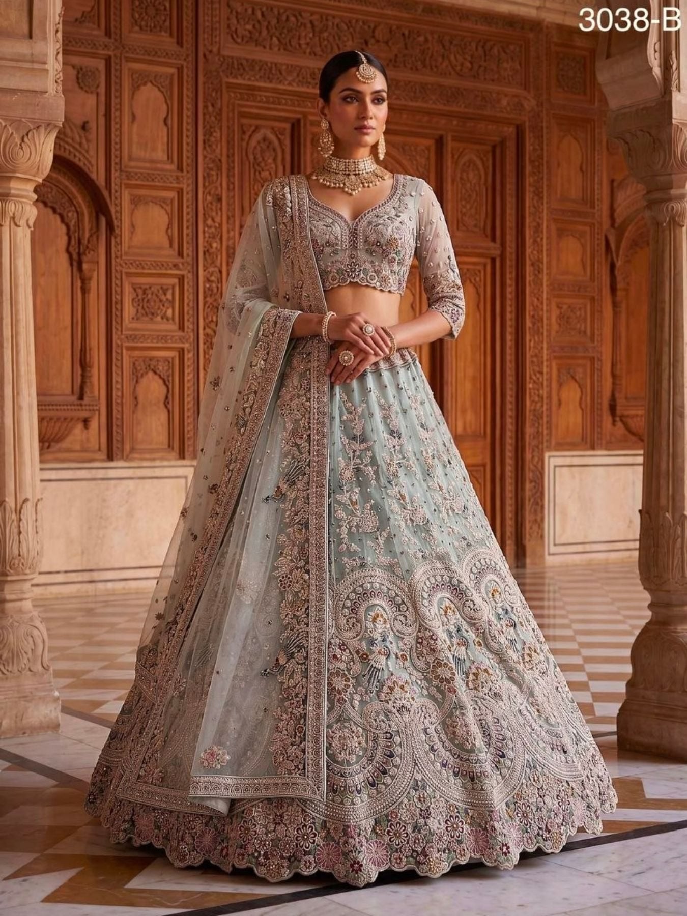 Net Lehenga Choli with Heavy Sequins and Cotton Thread Work front view