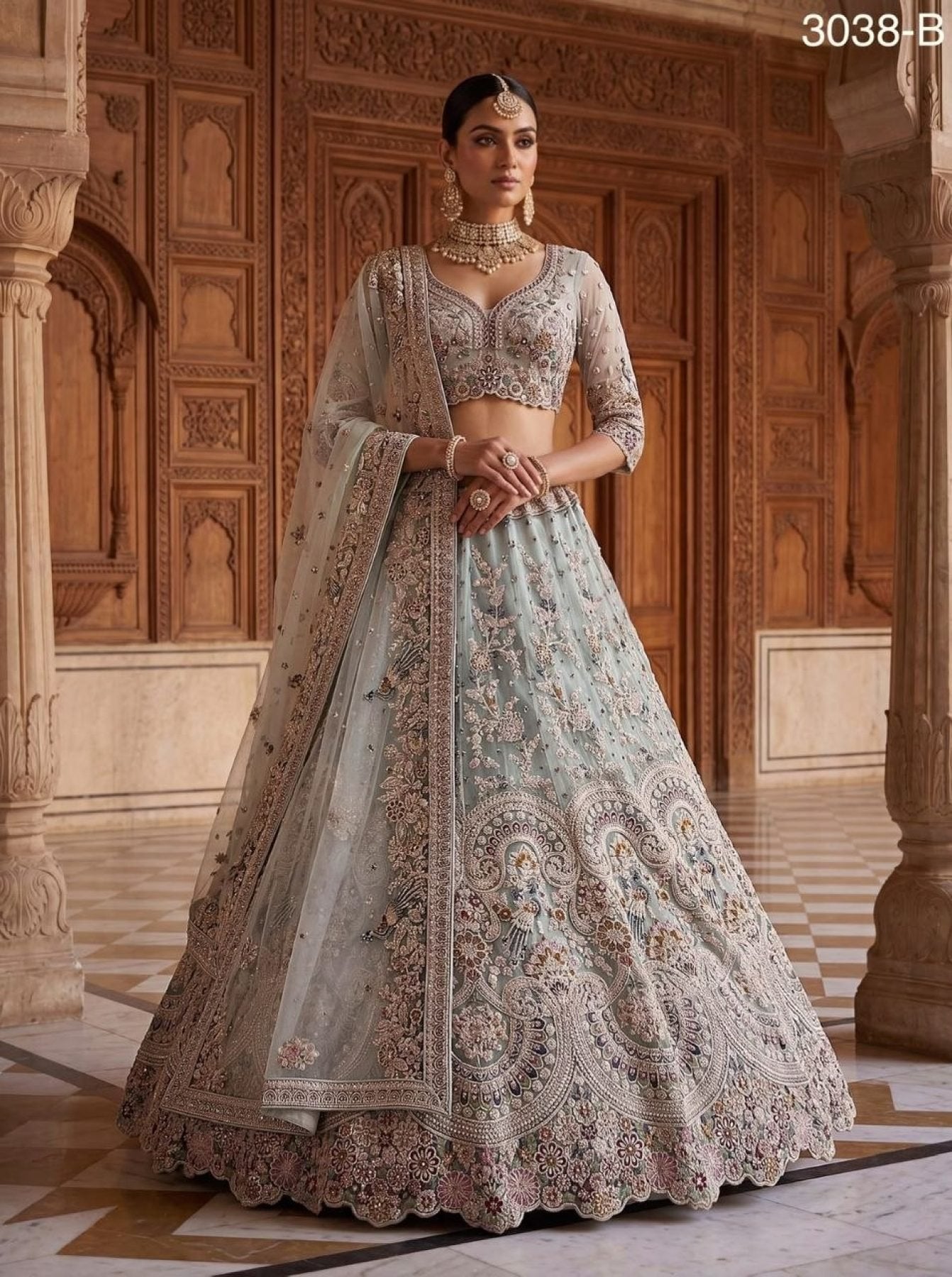 Net Lehenga Choli with Heavy Sequins and Cotton Thread Work full drape view