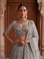 Net Lehenga Choli with Heavy Sequins and Cotton Thread Work blouse and dupatta detail