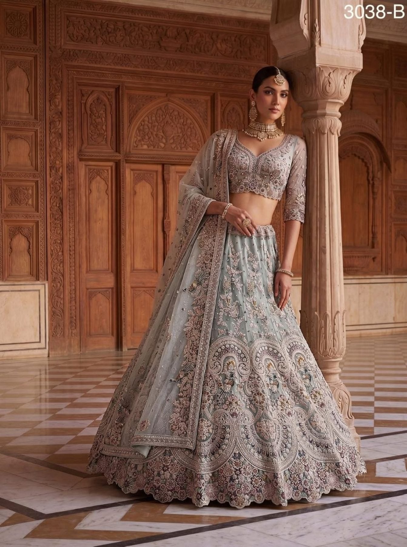 Net Lehenga Choli with Heavy Sequins and Cotton Thread Work embroidery close-up