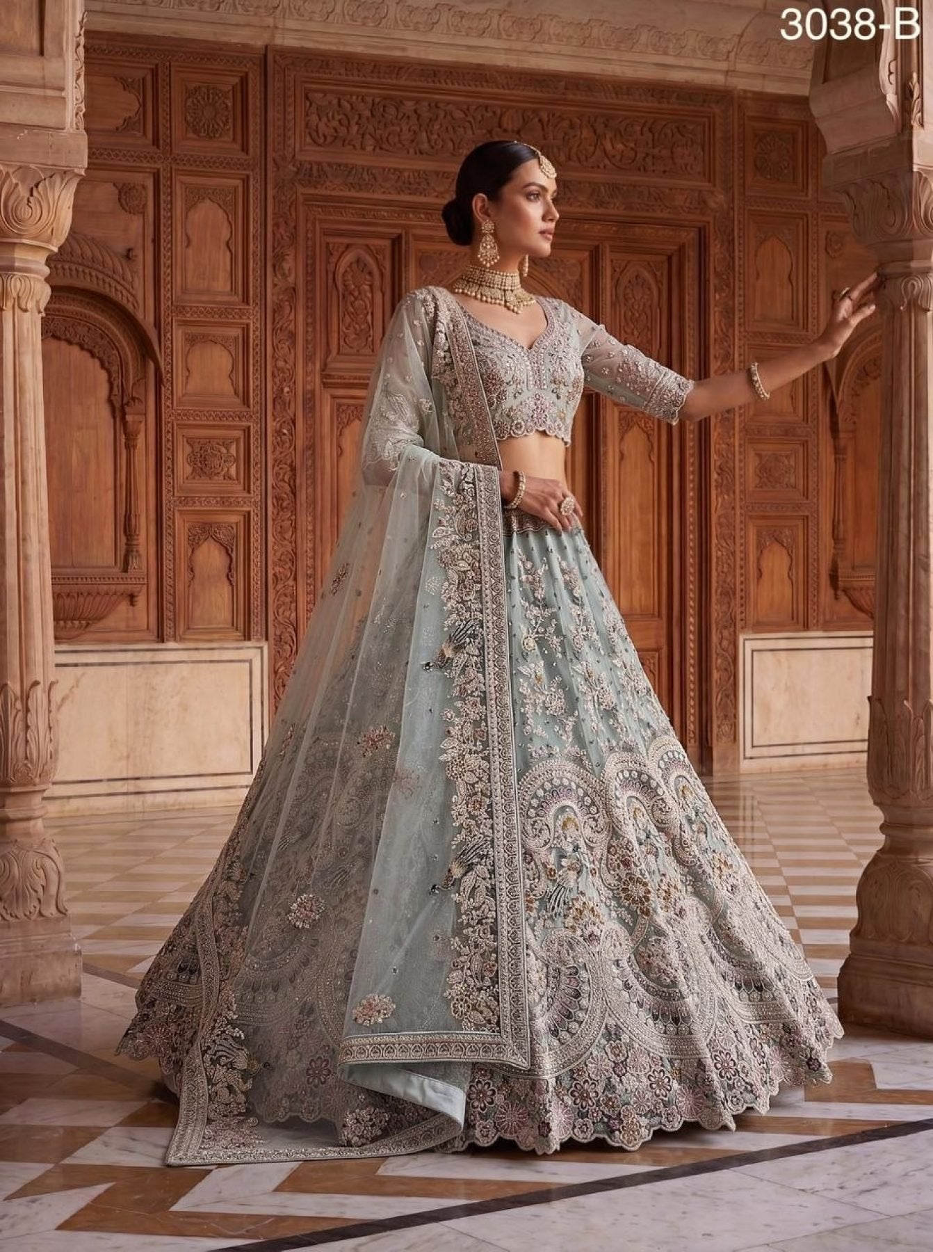 Net Lehenga Choli with Heavy Sequins and Cotton Thread Work back view