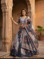 Navy Blue Tabby Silk Lehenga Set with Rich Digital Print and Embroidered Dupatta for women | Snyvia