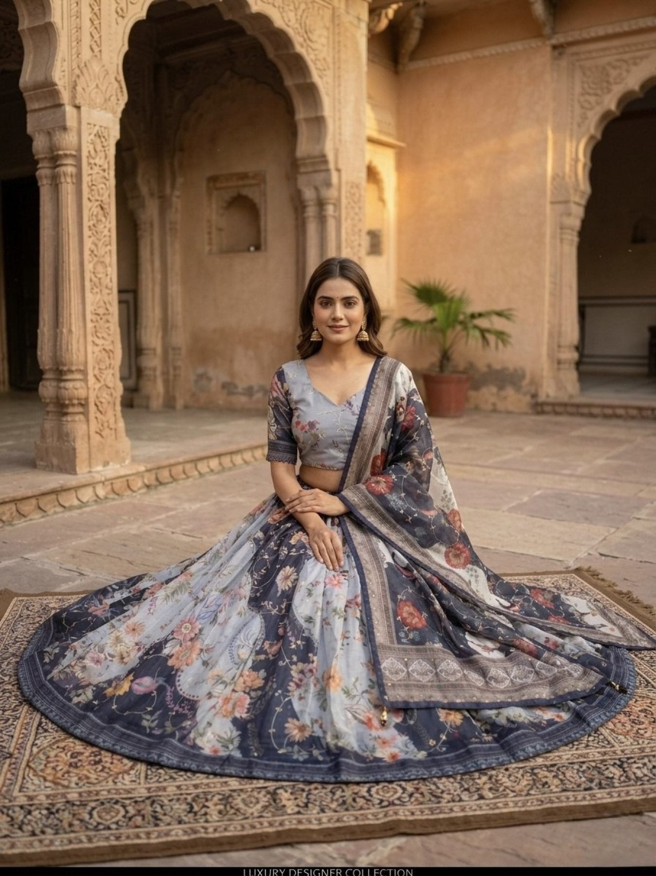 Tabby Silk Lehenga Set with Rich Digital Print and Embroidered Dupatta full drape view