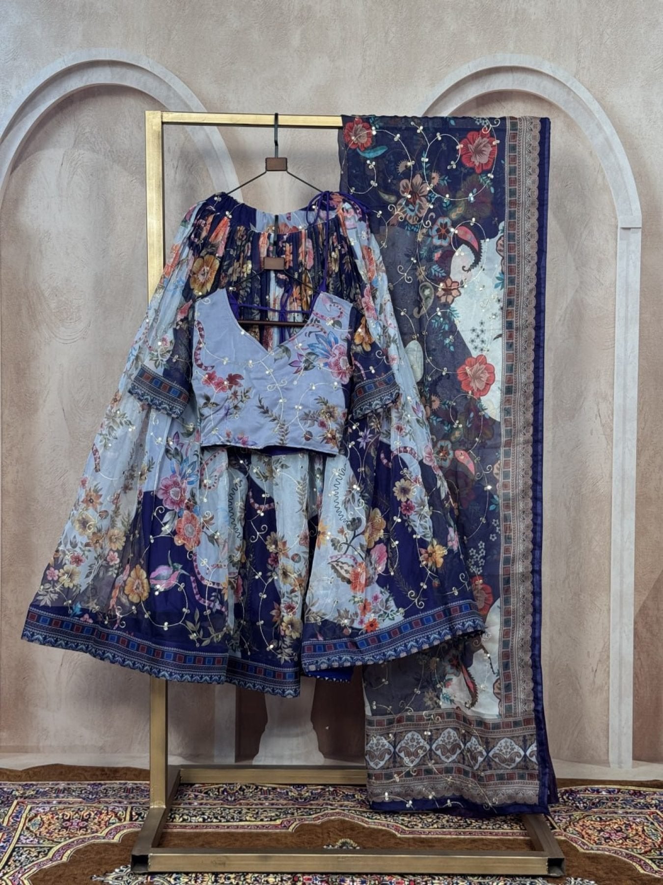 Tabby Silk Lehenga Set with Rich Digital Print and Embroidered Dupatta blouse and dupatta detail