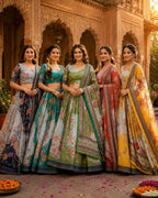 Green Tabby Silk Lehenga Set with Rich Digital Print and Embroidered Dupatta full drape view