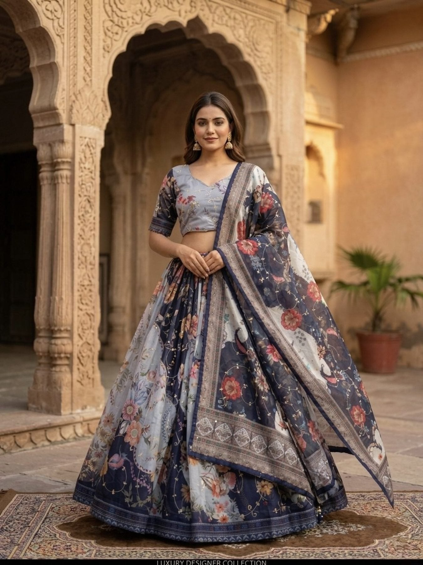 Tabby Silk Lehenga Set with Rich Digital Print and Embroidered Dupatta styling view
