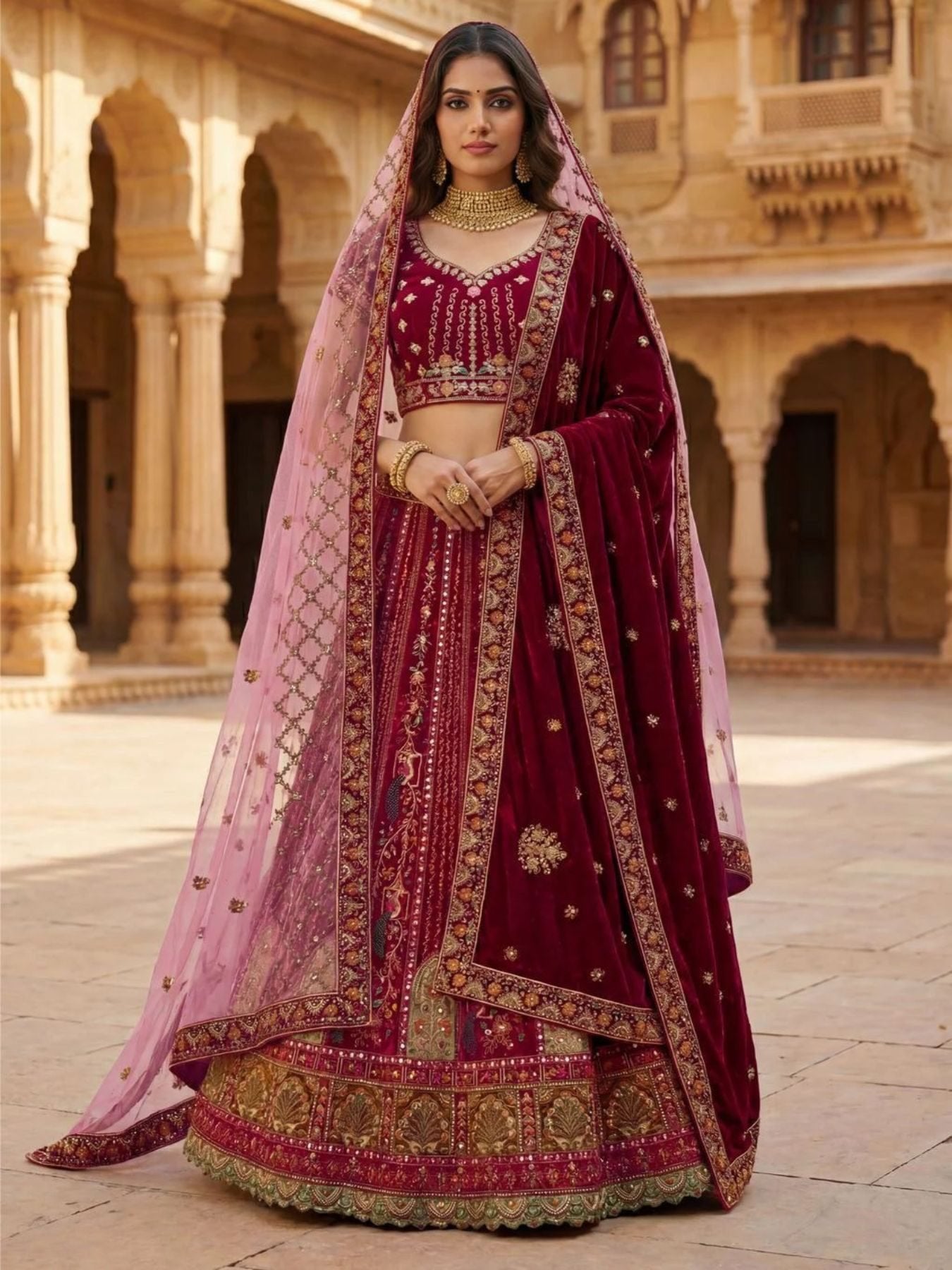 Durable Velvet Bridal Lehenga with Zari and Mirror Work for Wedding Wear colour variant view